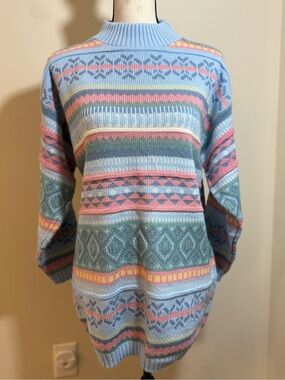 Jessica Roberts colorful pastel fair isle chunky sweater LG